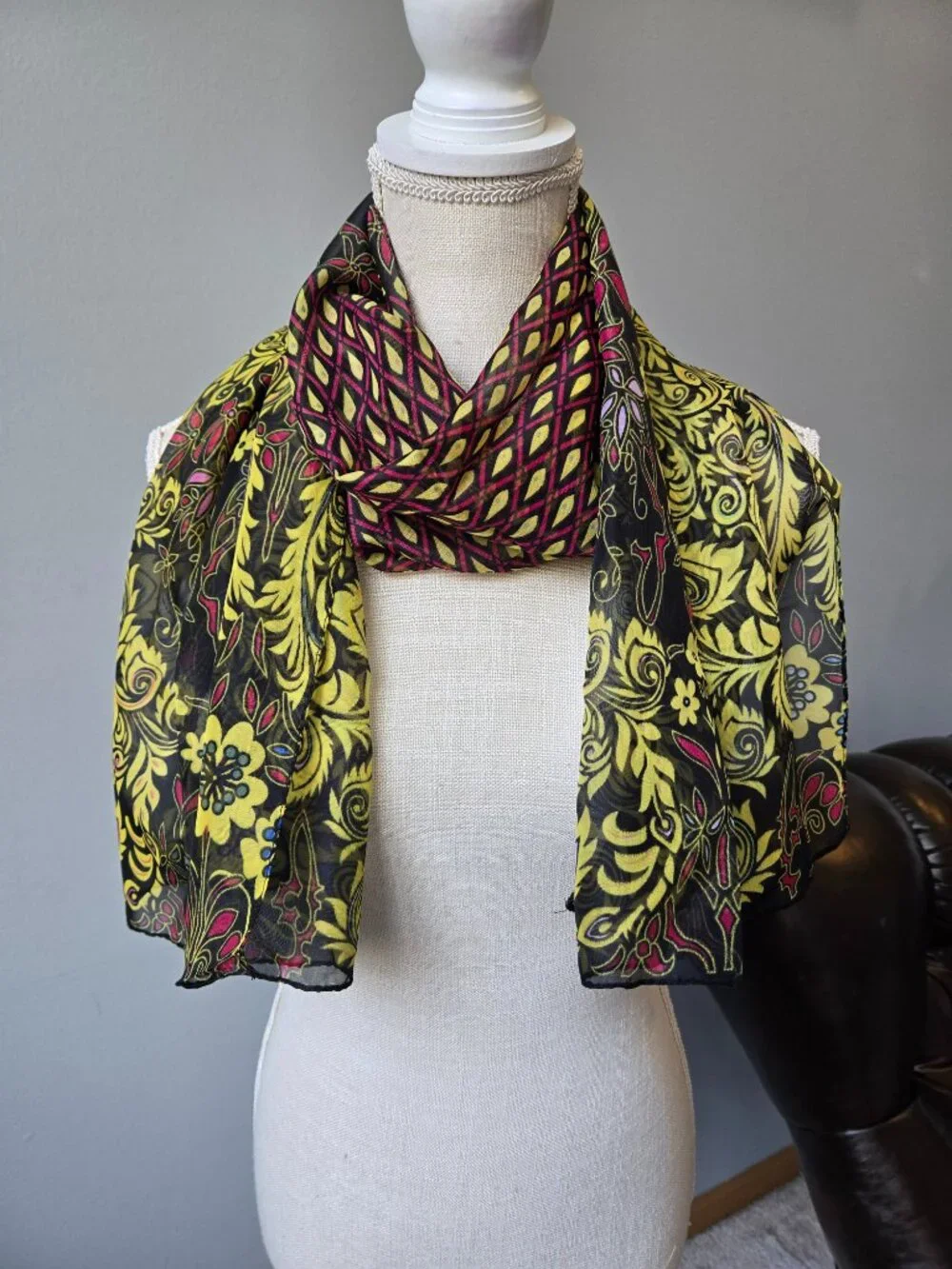 Sheer Womans Black and Yellow Peacock Design Scarf